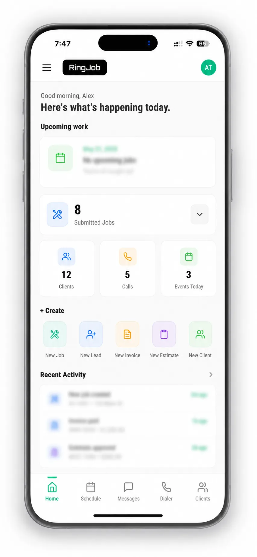 RingJob mobile dashboard overview for field service business performance
