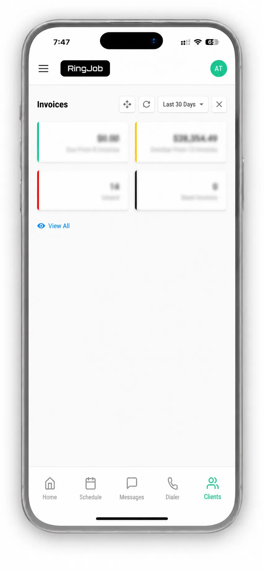 RingJob invoices screen for payment tracking and cash flow visibility