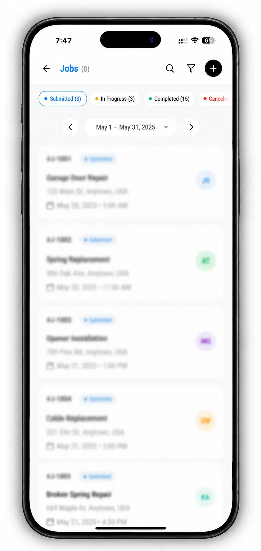 RingJob jobs dashboard showing job tracking and dispatch workflow