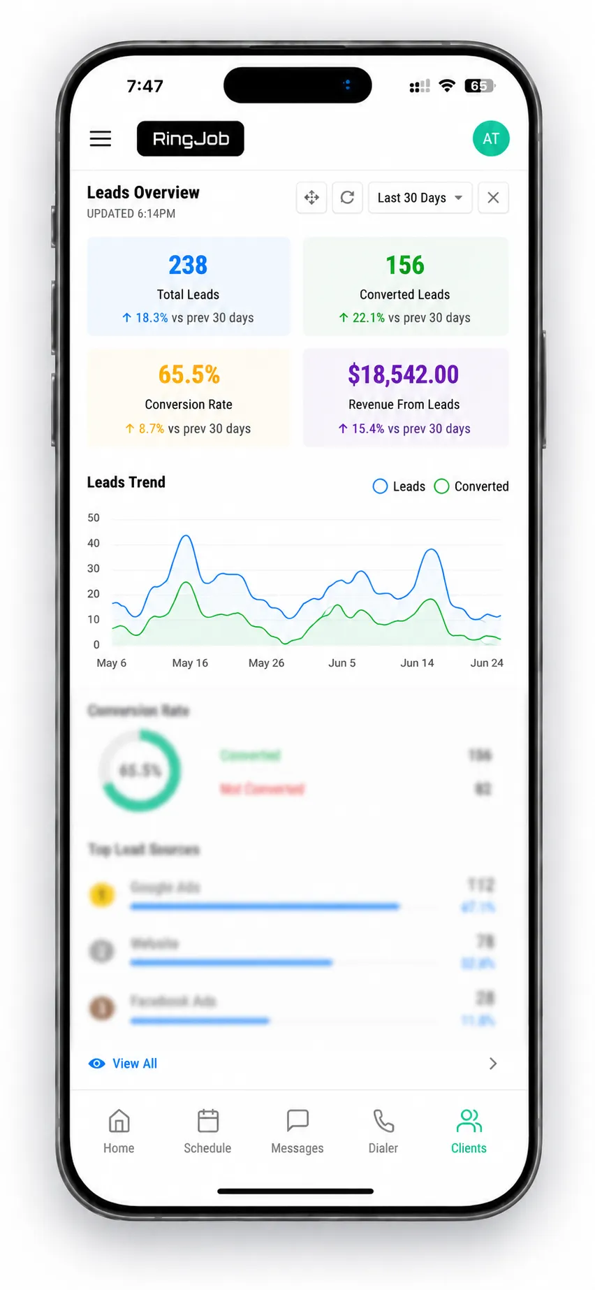 RingJob Lead Overview mobile screen